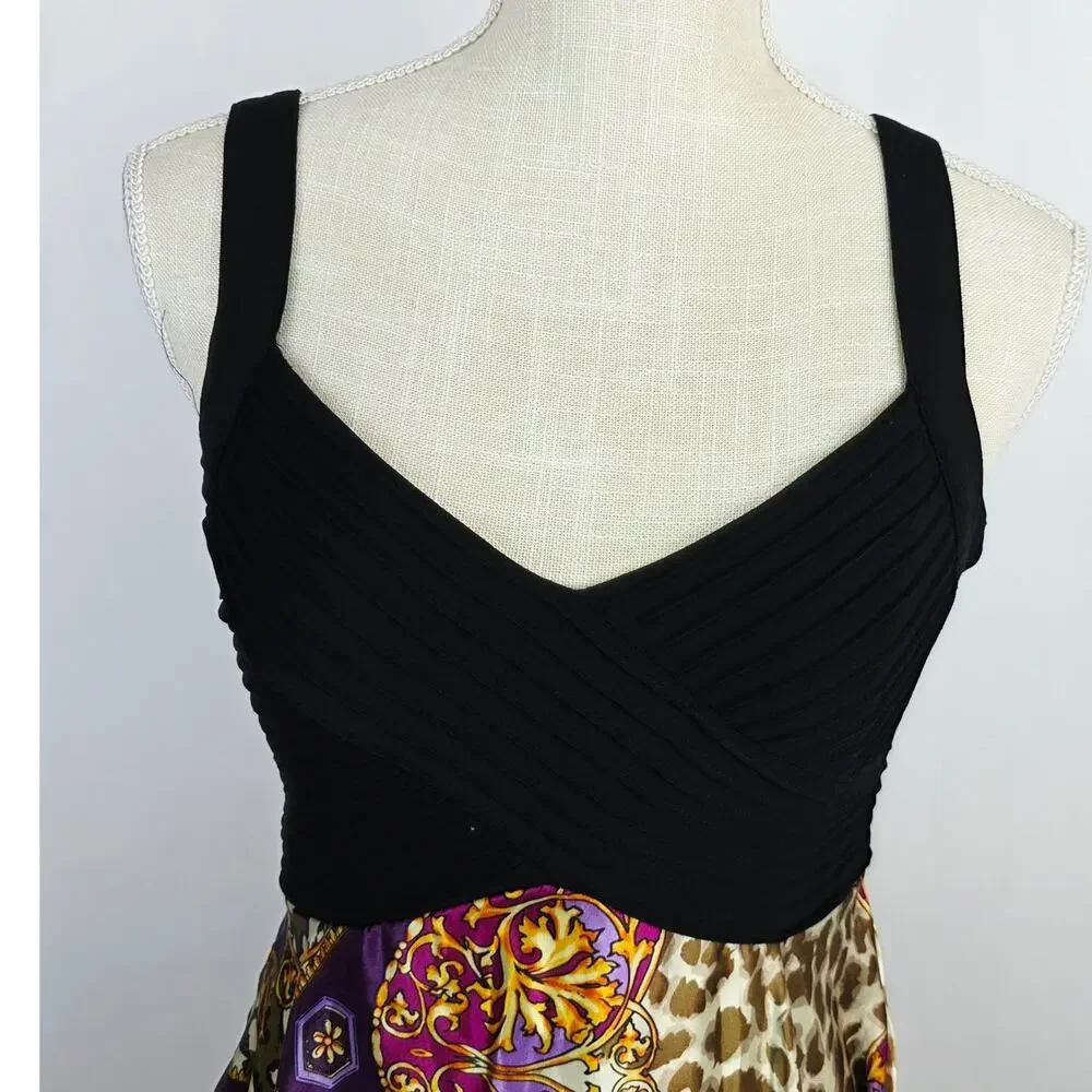 Signature by Robbie Bee Satin Handkerchief Hem Dress 8P Black Baroque Vacation
